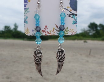 Angel Wing Turquoise Beaded Dangling Charm Earrings - silver angel wing charms, blue/turquoise beads, spiritual, angel earrings, faith