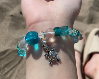 Turtle Turquoise Beaded Bracelet - silver turtle charm, turquoise blue beads, marine life bracelet, turtle love christmas gifts