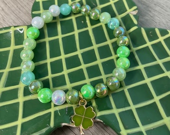 St Patrick’s Day Green Beaded Shamrock Charm Bracelet - St. Patrick’s Day Jewelry, green bracelet, Irish bracelet, four leaf clover, lucky