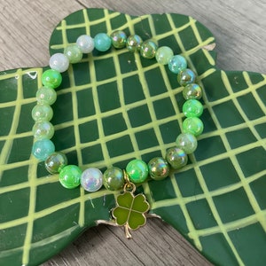 St Patrick’s Day Green Beaded Shamrock Charm Bracelet - St. Patrick’s Day Jewelry, green bracelet, Irish bracelet, four leaf clover, lucky