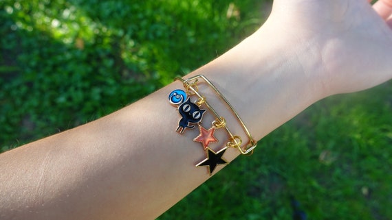 Cat & Moon Charm Bracelet - Black Cat Charm, Star Charms, Blue 