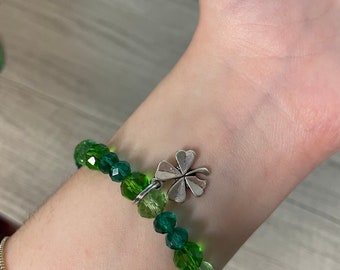 St Patrick’s Day Green Beaded Shamrock Charm Bracelet - St. Patrick’s Day Jewelry, green bracelet, Irish bracelet, clover, lucky