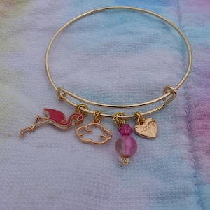 Pink Flamingo Gold Charm Bracelet - flamingo charm, gold cloud charm, pink bead, gold heart charm, flamingo jewelry, pink charm bracelet