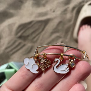White Swan Charm Gold Bangle Bracelet - white cloud charm, crystal gem charm, gold heart charm, elegant