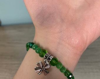 St Patrick’s Day Green Beaded Shamrock Charm Bracelet - St. Patrick’s Day Jewelry, green bracelet, Irish bracelet, clover, lucky