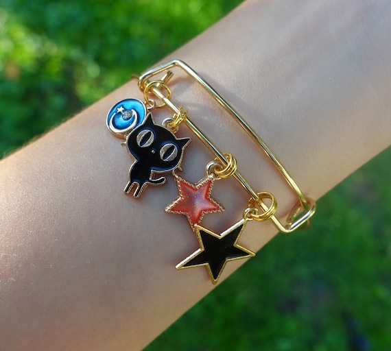 Cat & Moon Charm Bracelet - Black Cat Charm, Star Charms, Blue 