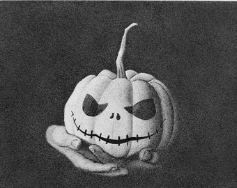 Pen and Ink drawing - Halloween Spooky Pumpkin - High Quality Print