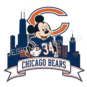 May include: A graphic featuring Mickey Mouse in a Chicago Bears football jersey with the number 34. The design includes the Chicago skyline, the team's logo, and the words "Chicago Bears" on a banner.