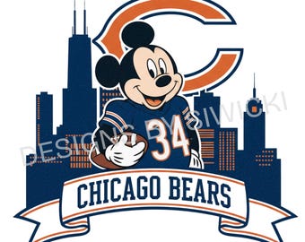 May include: A graphic featuring Mickey Mouse in a Chicago Bears football jersey with the number 34. The design includes the Chicago skyline, the team's logo, and the words "Chicago Bears" on a banner.