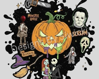 May include: A Halloween-themed design featuring a carved orange pumpkin with a green stem and dripping green and purple slime. The design includes characters from horror movies and Halloween themes, such as Pennywise, Michael Myers, and Jack Skellington.