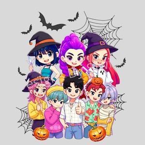 May include: A digital illustration featuring a group of cartoon characters dressed in Halloween costumes. The characters include witches, a ghost, and others, with pumpkins and bats. A spiderweb is in the background. The color palette includes orange, purple, and black.