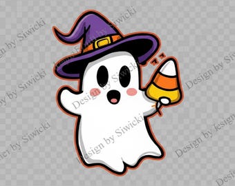 May include: A cartoon ghost wearing a purple witch hat with a gold buckle, holding a candy corn. The ghost has a white body, black eyes, and a pink blush. The design has an orange outline, perfect for Halloween.