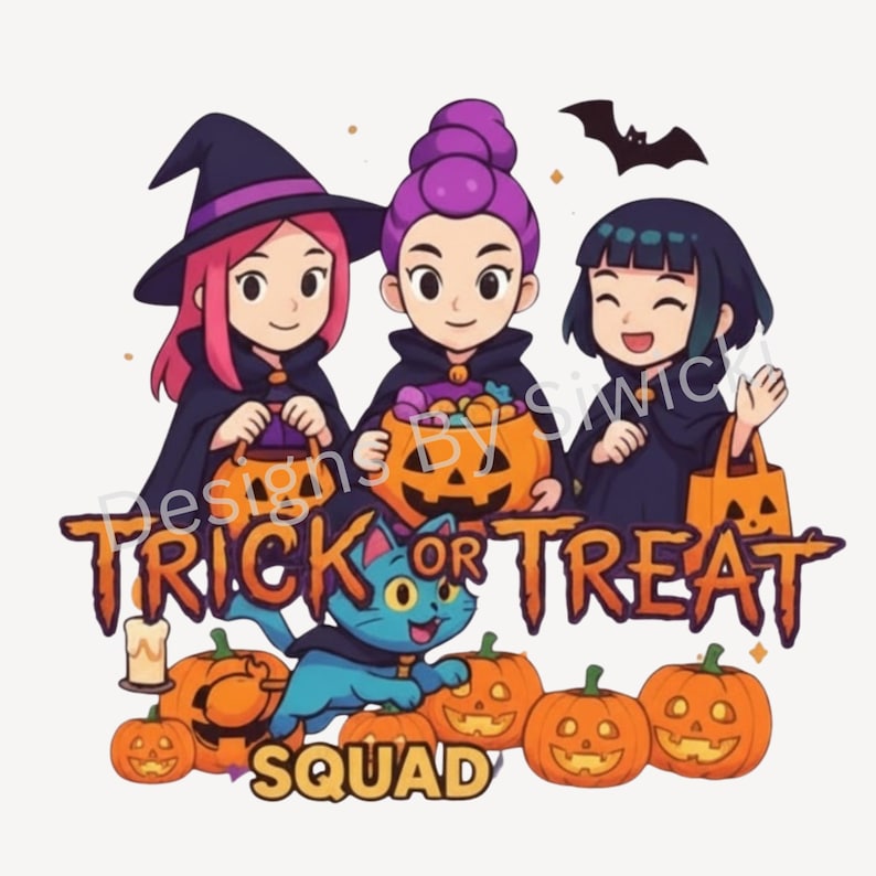 May include: A cartoon illustration featuring three girls in Halloween costumes, holding jack-o'-lantern treat bags. The image includes a blue cat, pumpkins, and the words "Trick or Treat Squad."