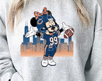 Ratón de dibujos animados con diseño de día de juego PNG / Diseño de fútbol azul marino naranja / Clipart digital del horizonte de la ciudad ventosa / Descarga de camisetas por sublimación