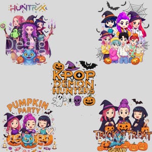 May include: A collection of Halloween-themed digital illustrations featuring anime-style characters. The images include witches, pumpkins, bats, and the text "KPOP DEMON HUNTERS", "PUMPKIN PARTY", and "TRICK OR TREAT SQUAD".