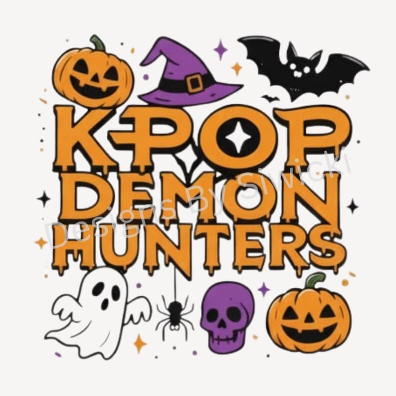 May include: A Halloween-themed graphic with the text "KPOP DEMON HUNTERS" in orange. The design includes jack-o'-lanterns, a witch's hat, a bat, a ghost, a spider, and a purple skull, all set against a white background.