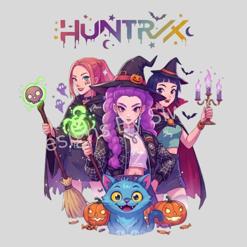 May include: Illustration of three young women dressed as witches, with a blue cat, pumpkins, and candy. The image has the text "HUNTRX" in a colorful, dripping font. One witch holds a staff with a skull, another holds a candelabra, and the third holds a broom.
