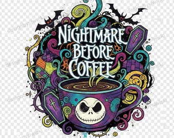 May include: A colorful graphic design featuring a coffee cup with Jack Skellington's face, the text "Nightmare Before Coffee", coffins, bats, and swirling patterns. The design uses purple, teal, yellow, and black colors.