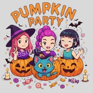 May include: A cartoon illustration with the text "PUMPKIN PARTY" features three girls in carved pumpkins, a blue cat, bats, and candy. One girl wears a witch hat, another has purple hair, and the third has black hair. The image has a Halloween theme.