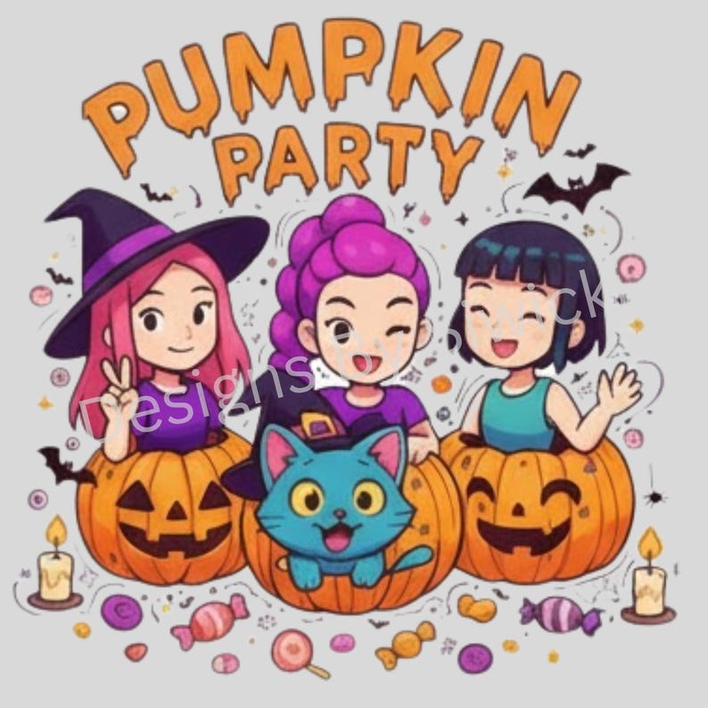 May include: A cartoon illustration with the text "PUMPKIN PARTY" features three girls in carved pumpkins, a blue cat, bats, and candy. One girl wears a witch hat, another has purple hair, and the third has black hair. The image has a Halloween theme.