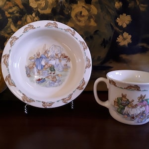 Royal Doulton Bunnykins Children&#39;s Fine Bone China, Bath Time Cereal Bowl and Tea Party Double Handled Cup/Mug, 2 Pieces