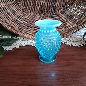 Fenton Aqua Blue Flared Hobnail Opalescent Small Bud Vase - Vintage Glass