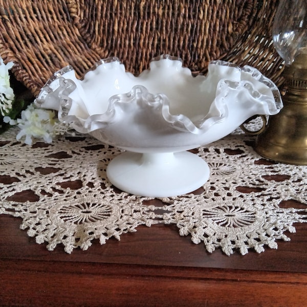 Fenton Silver Crest Milk Glass Pedestal Bowl with Ruffled Edge