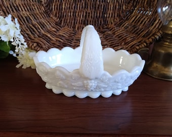 Westmoreland Paneled Grape Milk Glass Small Oval Basket