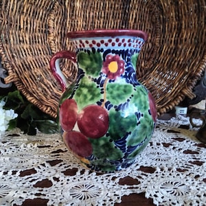 Hand-Painted Talavera Pitcher-7.75&quot; Vintage Mexican Folk Art
