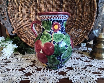 Hand-Painted Talavera Pitcher-7.75" Vintage Mexican Folk Art