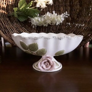 UCAGO Vintage Footed Bowl/Planter with Applied Rose, Made in Japan