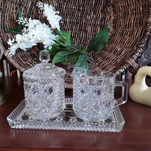Federal Glass Creamer and Sugar with Tray, Windsor Clear Button and Cane Pattern