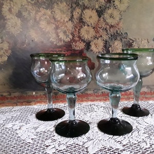 Vintage Green Art Bubble Glass Large Water Wine Goblets, Set of 4