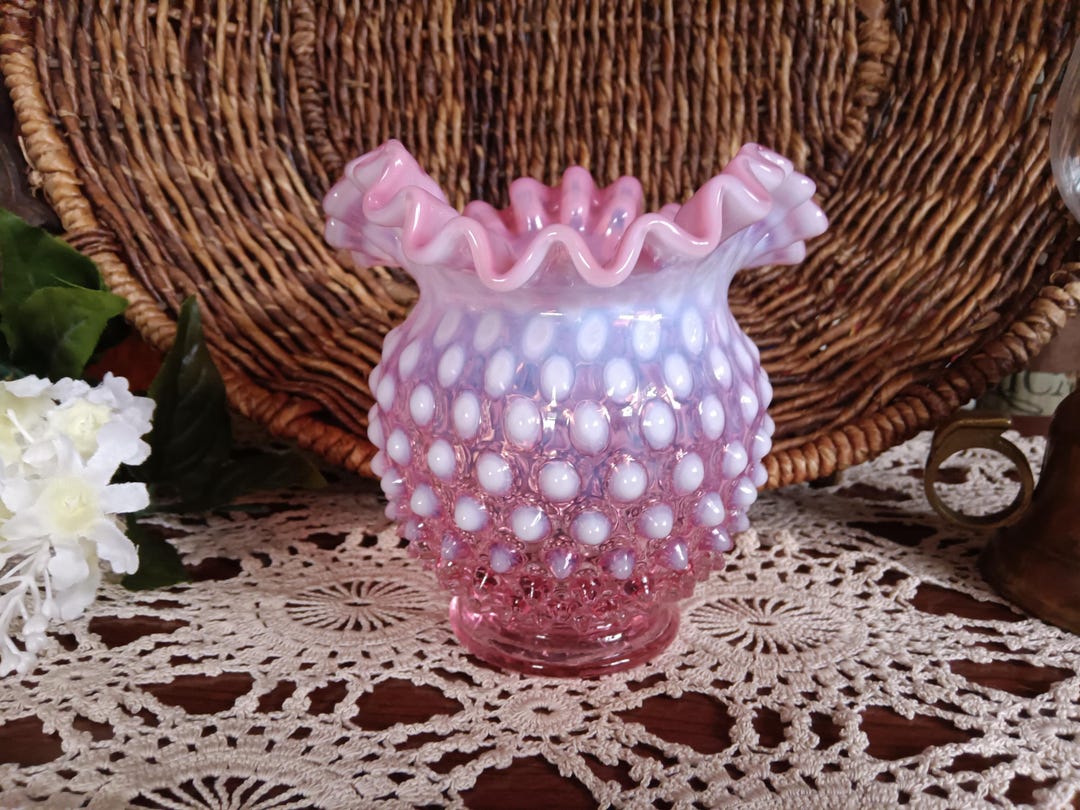 Vintage Fenton Pink Opalescent Hobnail Rose Bowl Vase - Ruffled Crimped ...