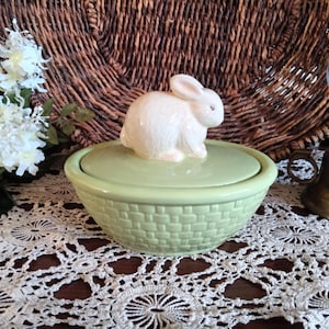 Vintage Hallmark Easter Bunny On Green Basket Ceramic Candy Dish