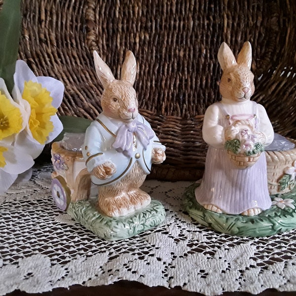 Vintage Avon Springtime Collection, Easter Bunny Rabbit Pair, Votive Candle or Egg Holder