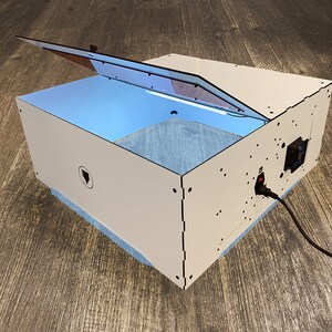 Easy access to laser engraver with exhaust fan and lights