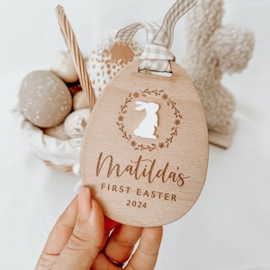 Personalised Engraved Baby&#39;s First Easter Name Plaque. Keepsake Easter Decoration. Wooden Baby Gift. Social Media Photo Prop Disc