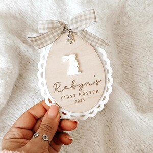 Personalised Engraved Baby&#39;s First Easter Name Plaque. Keepsake Easter Decoration. Wooden Baby Gift. Social Media Photo Prop Disc