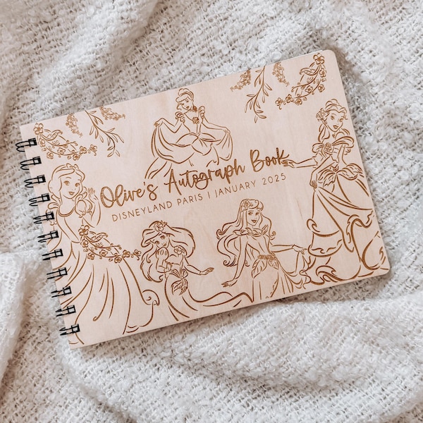 Personalised A5 wooden engraved Disney Princess Autograph Book/ holiday scrapbook/ memory book/ photo album/ memory gift