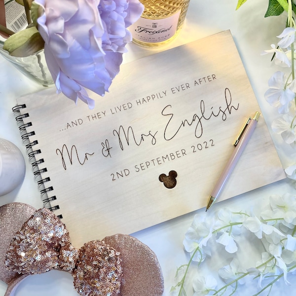 Personalised A4 wooden engraved Mickey wedding guest book/ wedding scrapbook/ memory book/ photo album/ memory gift - Laser/Hand burnt