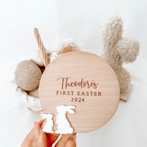 Personalised Engraved Baby&#39;s First Easter Name Plaque. Keepsake Easter Decoration. Wooden Baby Gift. Social Media Photo Prop Disc