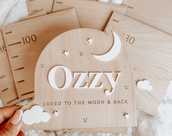 Personalised Moon and Stars Wooden Height Chart, Kids Growth Chart, Wooden Height Measuring, Nursery Wall Decoration, Baby Shower Gifts