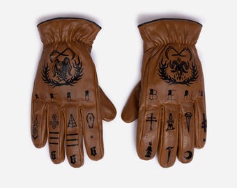 Brown Leather Motorcycle Gloves – Tattoo Style | CE Certified Custom Rider Gloves
