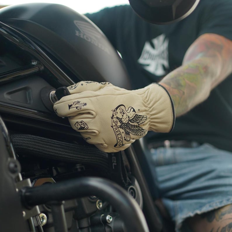 Men's White Leather Tattoo Motorcycle Gloves image 1