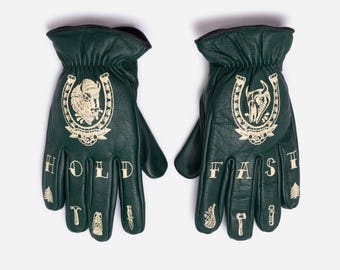 Green Leather Motorcycle Gloves – CE Certified | Tattoo Hold Fast Gift for Riders