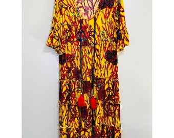 Damska sukienka maxi hippie boho z warstwami żółtego kwiatu na festiwal wiejski rozmiar L