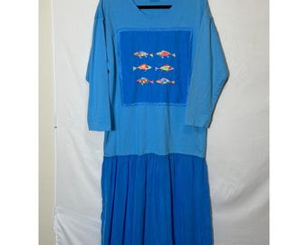 Johnny Was T-Shirt Vintage Maxi Kleid Gesticktes Fisch Design Size M FLAWED