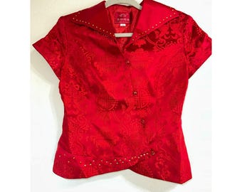 Beijing Princess Women&#39;s Qipao Style Jacquard Blouse Size M Gold Accents