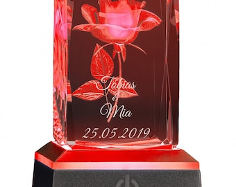 3D LED rose in glass with engraving